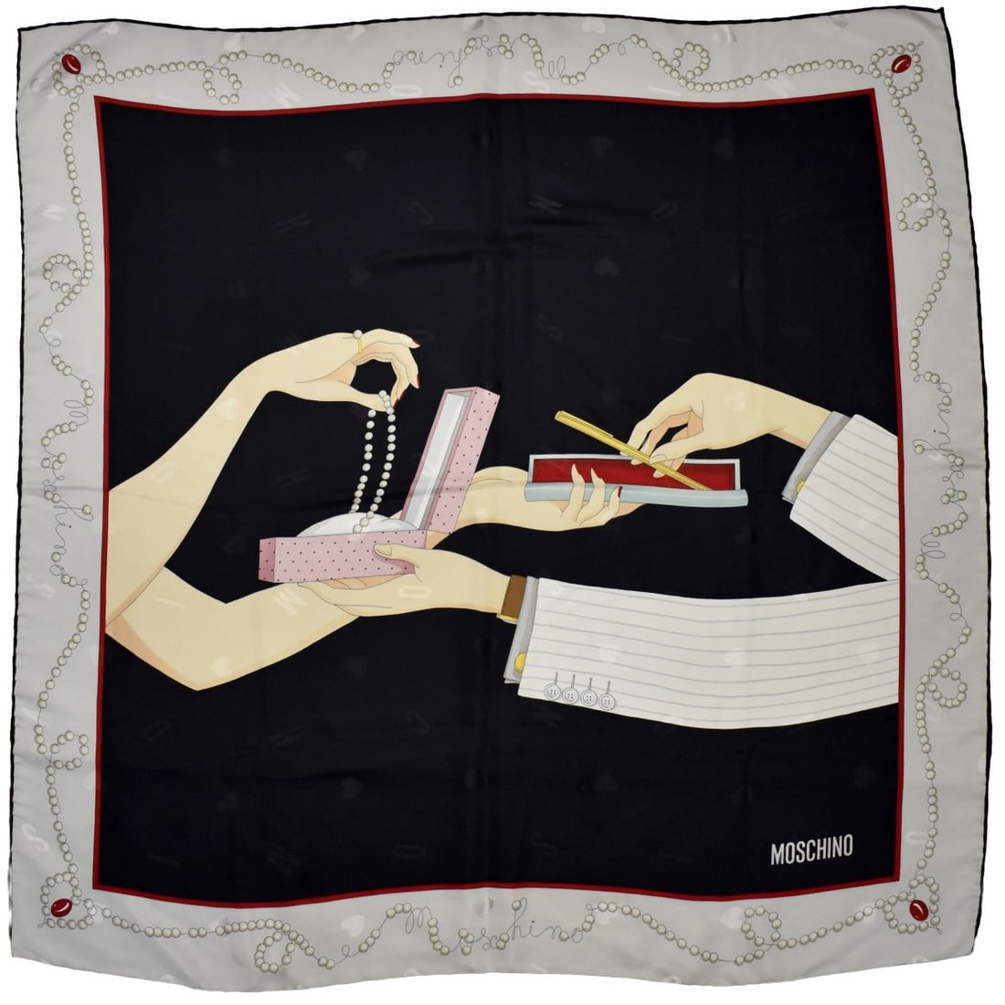 Moschino Silk Scarf: Vintage Moschino Silk Scarf. Signed. Measures 33" sq. Kodner Galleries offers phone and absentee bidding at a low, flat 21% buyer’s premium without surcharge or hidden fees. For information, please