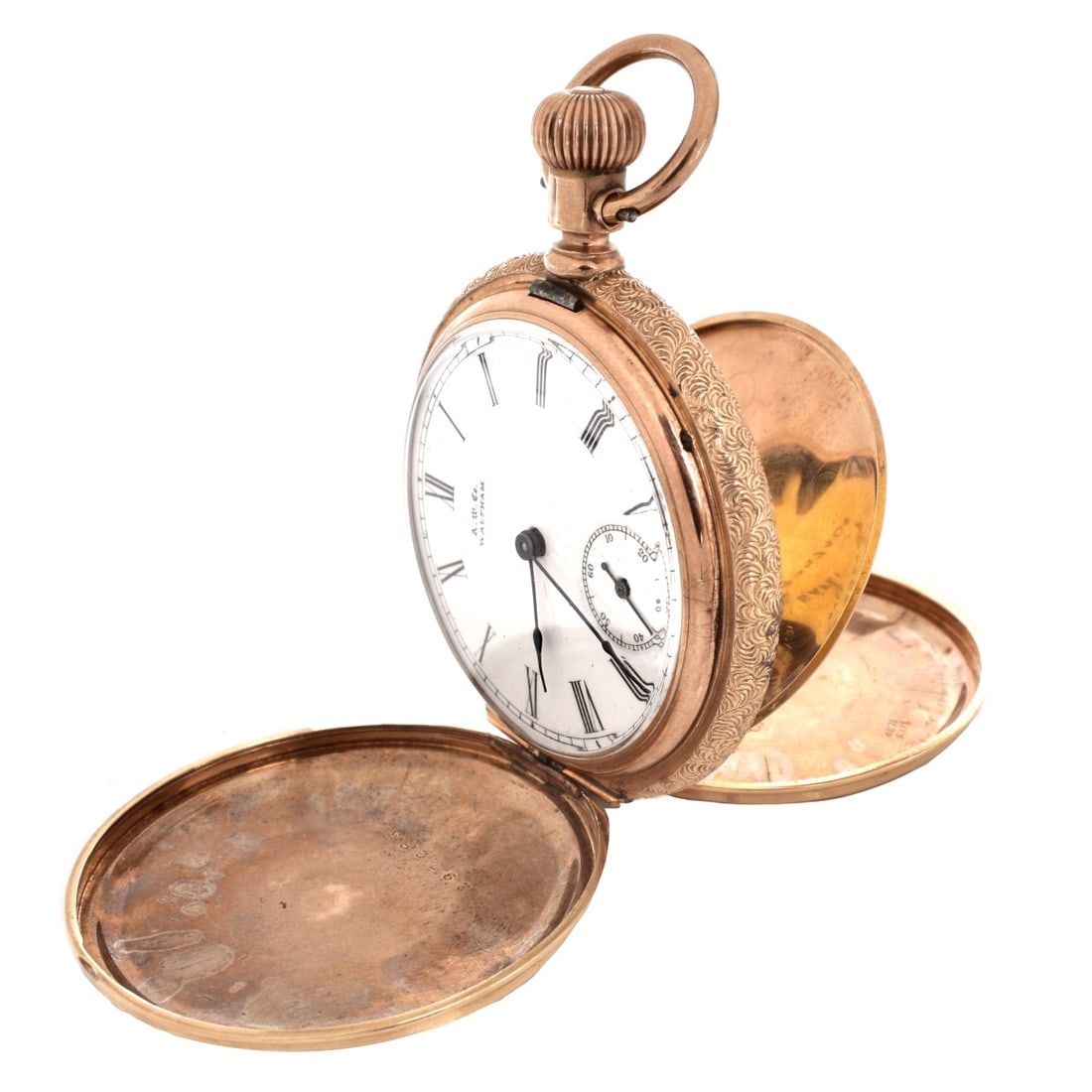 Waltham Pocket Watch: Antique Waltham Watch Co Gold Filled Pocket Watch with Engraved Case. Manual wind movement. Signed. Case measures 40mm. Kodner Galleries offers phone and absentee bidding at a low, flat 21% buyer’s