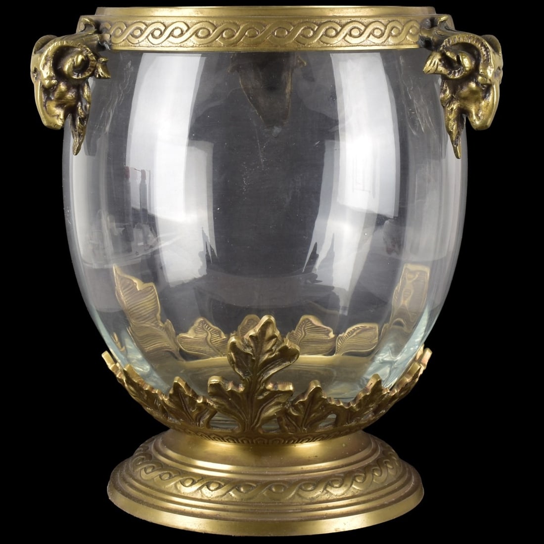 Large Crystal Brass Head Urn Bowl: Large Crystal Brass Head Urn Bowl and Stand. Measures: 12-1/4" high, 11-1/2" diameter. Kodner Galleries offers phone and absentee bidding at a low, flat 21% buyer’s premium without surcharge or