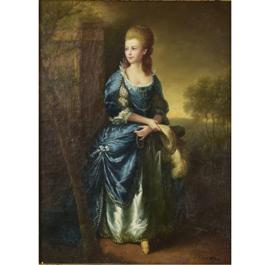 After: Thomas Gainsborough, Br. (1727-1788): After: Thomas Gainsborough, British (1727-1788) Painted Portrait Appearing Painted on Canvas Laid on Panel of an Elegant Lady. Late 20th century. Artist signed bottom right-hand corner. Image area