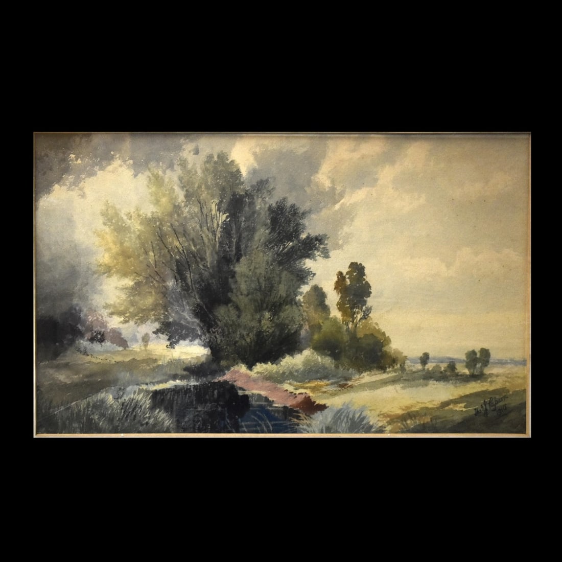 Thomas J Caparn (American 1834-1925): Thomas J Caparn (American, 1834-1925) Landscape Watercolor, signed Thos. J. Caparn and dated 1910 lower right. Measures sight 12-5/8" H x 21-5/8" W, frame 24-3/4" H x 33-3/4" W. Kodner Galleries