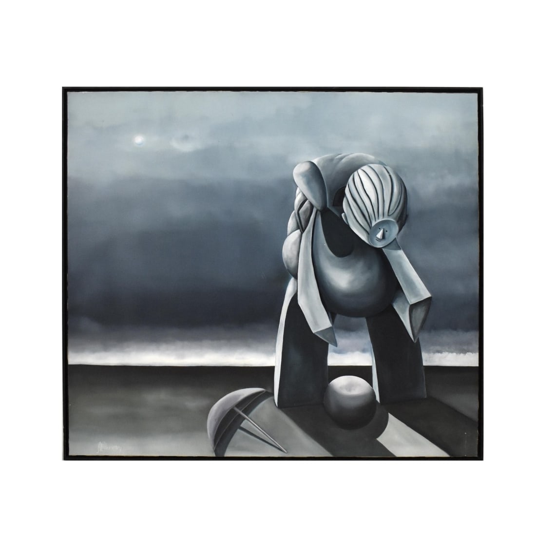 Abstract Oil on Canvas Blue Robot signed: Abstract Oil on Canvas Blue Robot, blue robot playing ball. Signed lower left A. Ferr? 2002. Measures 41" H x 43" W, frame 42-1/4" H x 41/2" W. Kodner Galleries offers phone and absentee bidding at a