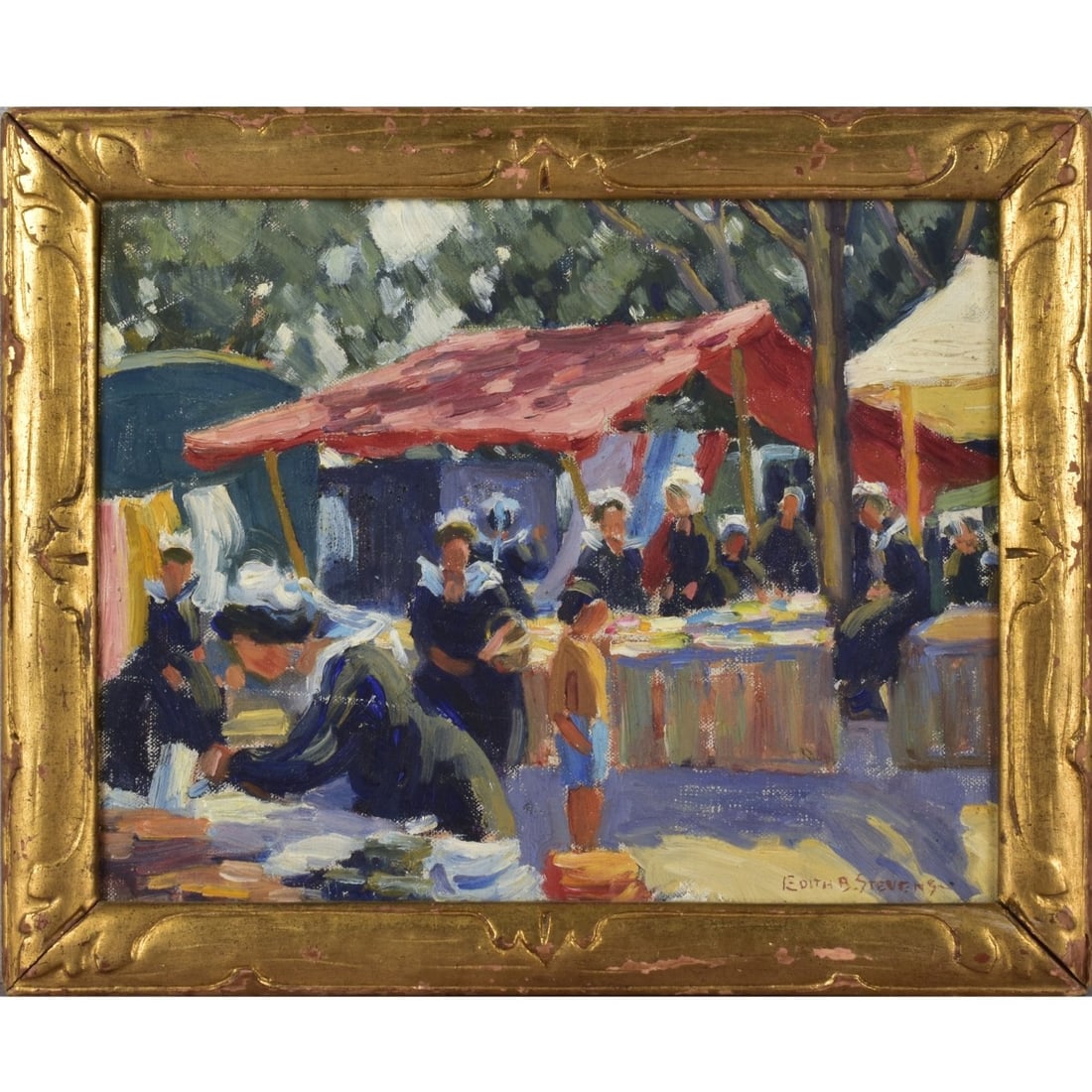 Edith B. Stevens, American, (1898-1931): Edith B. Stevens, American, (1898-1931) Oil on Canvas of an Outdoor Market . Framed. Signed bottom right-hand corner. Image area measures: 7-3/4" high, 9-1/2" wide, frame measures: 9-3/4" high,