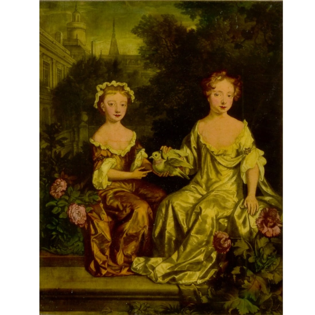 After William Wissing's Double Portrait: Reverse Print on Glass After William Wissing's Double Portrait of Lady Henrietta Hyde and Mary Hyde (sisters) in a Garden of a Baroque Mansion Seated and Holding a Dove. Framed. Image area measures: