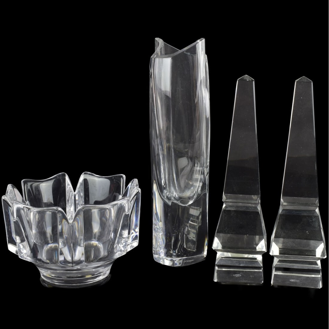 Collection of Mid-century Modern Crystal Pieces: Collection of Four (4) Mid-century Modern Crystal Pieces. Consisting of one (1) Baccarat "Greta Garbo" crystal vase, properly marked to the bottom, measures: 10" high, 3" wide, 3-1/4" deep, one