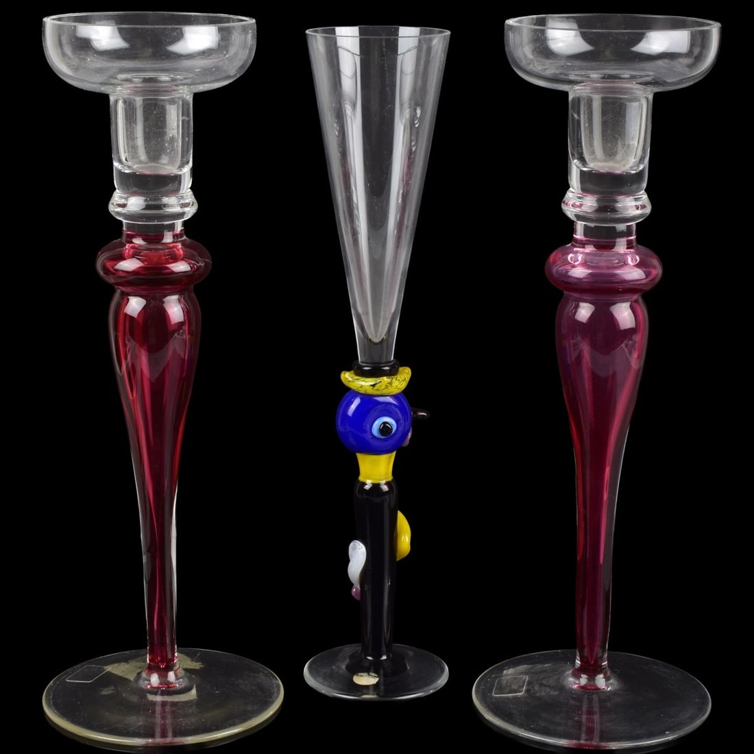 Vintage Art Glass Tableware Pieces: Vintage Art Glass Tableware Pieces. Consisting of one (1) Rosenthal Studio Line champagne flute in multi colored glass designed by Otmar Alt, signed to the bottom, measures: 13-5/8" high, pair of
