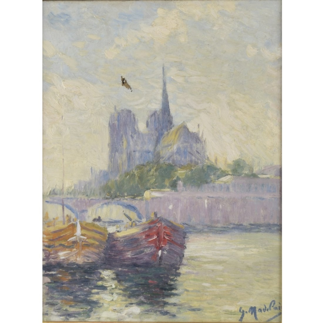 Gustave Madelain, French (1867–1944): Gustave Madelain, French (1867–1944), Oil on Canvas, View of Notre Dame from the Seine. Signed lower right:. Measures 15-1/4" H, 11-3/4" W; frame measures 21-1/2" H, 17-1/2" W. Kodner Galleries