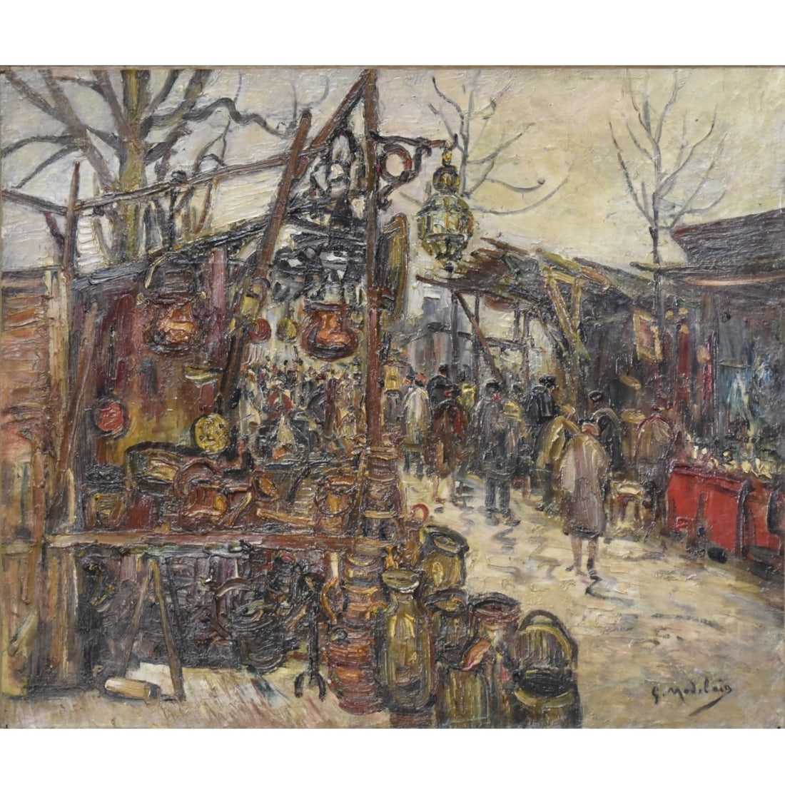 Gustave Madelain, French (1867–1944): Gustave Madelain, French (1867–1944), Oil on Canvas with Impasto, "Faire a la Ferraille". Signed lower right, signed dated 1928 and titled to verso. Measures 21-1/8" H, 25-1/2" W; frame measures