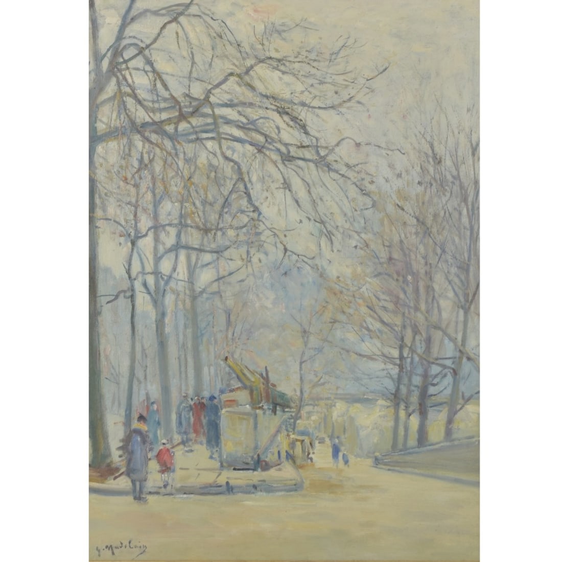 Gustave Madelain, French (1867–1944): Gustave Madelain, French (1867–1944), Oil on Canvas, Winter Park Scene. Signed lower left. Measures 25-1/2" H, 18" W; frame measures 3-1/4" H, 23" W. Kodner Galleries offers phone and absentee biddi