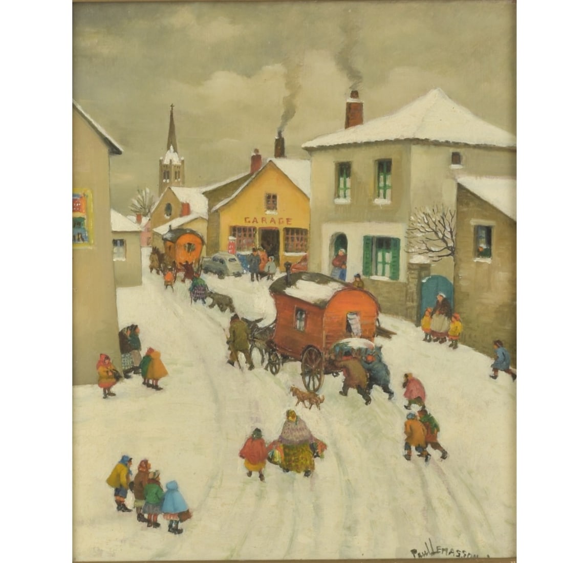 Paul Lemasson, French (1897-1971): Jean Paul Lemasson, French (1897-1971), Oil on masonite, Village Scene. Signed lower right: Measures 10-1/8" H, 8-1/2" W; frame measures 16-5/8" H, 15" W. Kodner Galleries offers phone and absentee bi