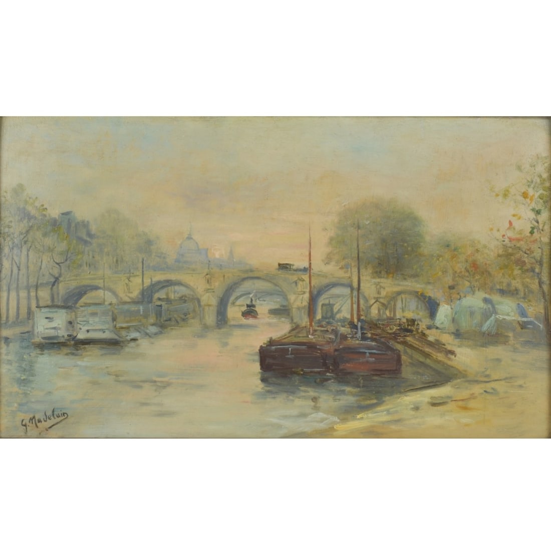 Gustave Madelain, French (1867–1944): Gustave Madelain, French (1867–1944), Oil on Panel, "Vue Sur le Pont Marie a Paris". Signed lower left. Measures 9-1/4" H, 15-3/8" W; frame measures 13-1/4" H, 19-1/2" W. Provenance: Fauve Paris