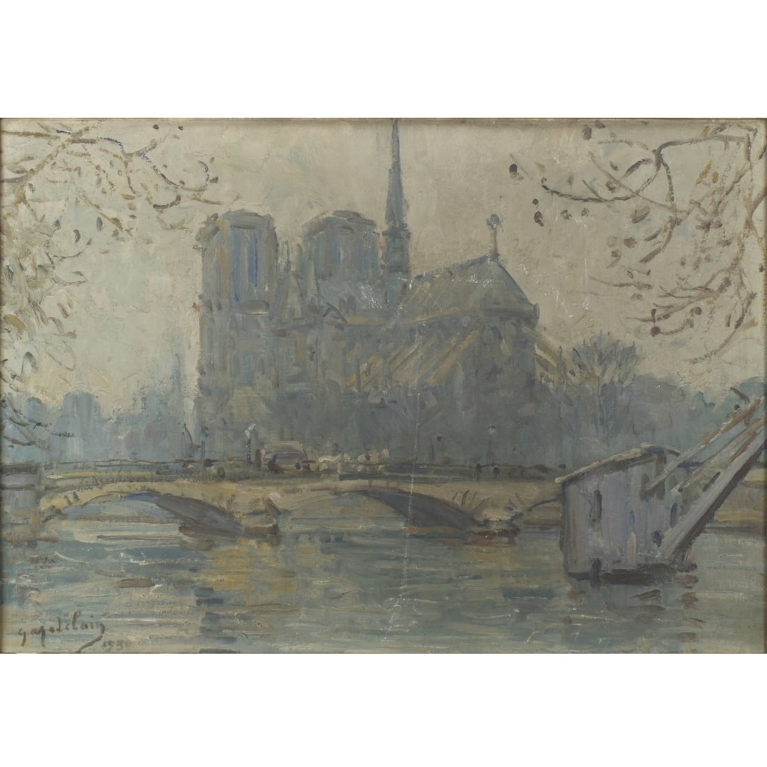 Gustave Madelain, French (1867–1944): Gustave Madelain, French (1867–1944), Oil on Canvas, Notre Dame from the Seine. Signed and dated 1930 lower left. Measures 17" H, 24" W; frame measures 19-3/4" H, 26-3/4" W. Kodner Galleries offers