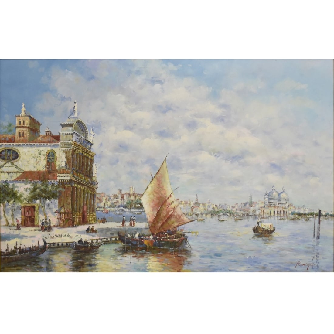 After Antonio María de Reyna Manescau: After Antonio María de Reyna Manescau, Spanish (1859-1937) Oil on Canvas Depicting a View of Venice with Gondoliers. Signed "Remington" bottom right hand corner. Image area measures: 23" high,