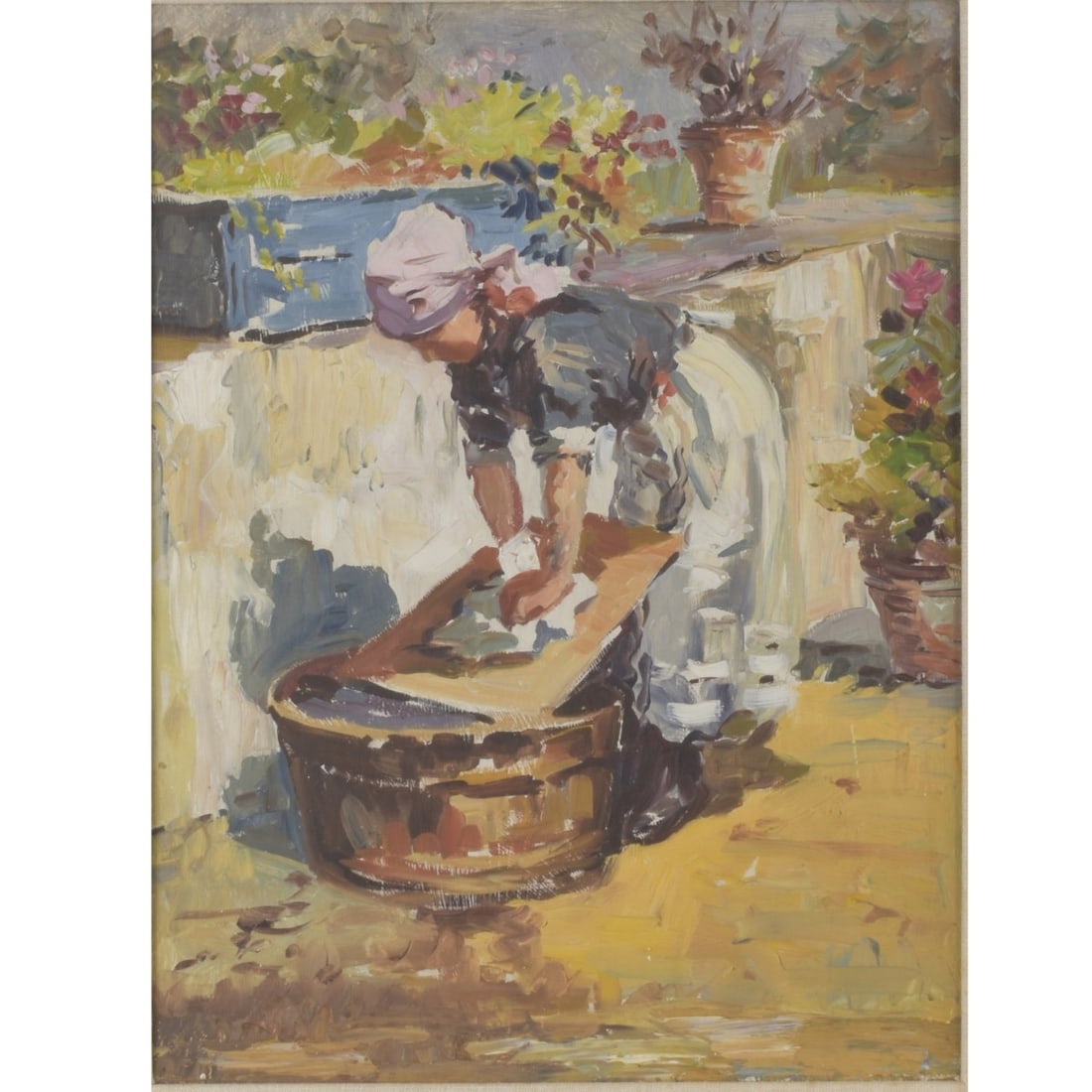Vladimir Pavlosky, American/Ukrainian (1884–1944): Vladimir Pavlosky, American/Ukrainian (1884–1944), Oil on Panel, Washer Woman. No signature visible, not examined out of the frame. Measures 16: H, 12" W; frame measures 22-3/4" H, 18-5/8" W. Kodner