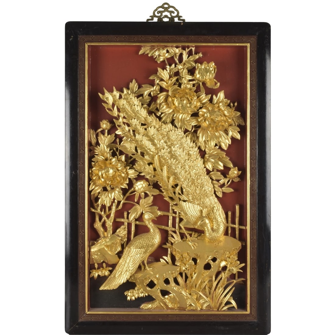 Chinese Carved Gilt Wood Panel: Large Chinese Mid 20th Century Red Lacquer and Relief Carved Gilt Wood Panel with Detailed Peony Flower and Phoenix Bird Motifs. Unsigned. Measures 33-1/2" H, 21-3/4" W. Kodner Galleries offers phone
