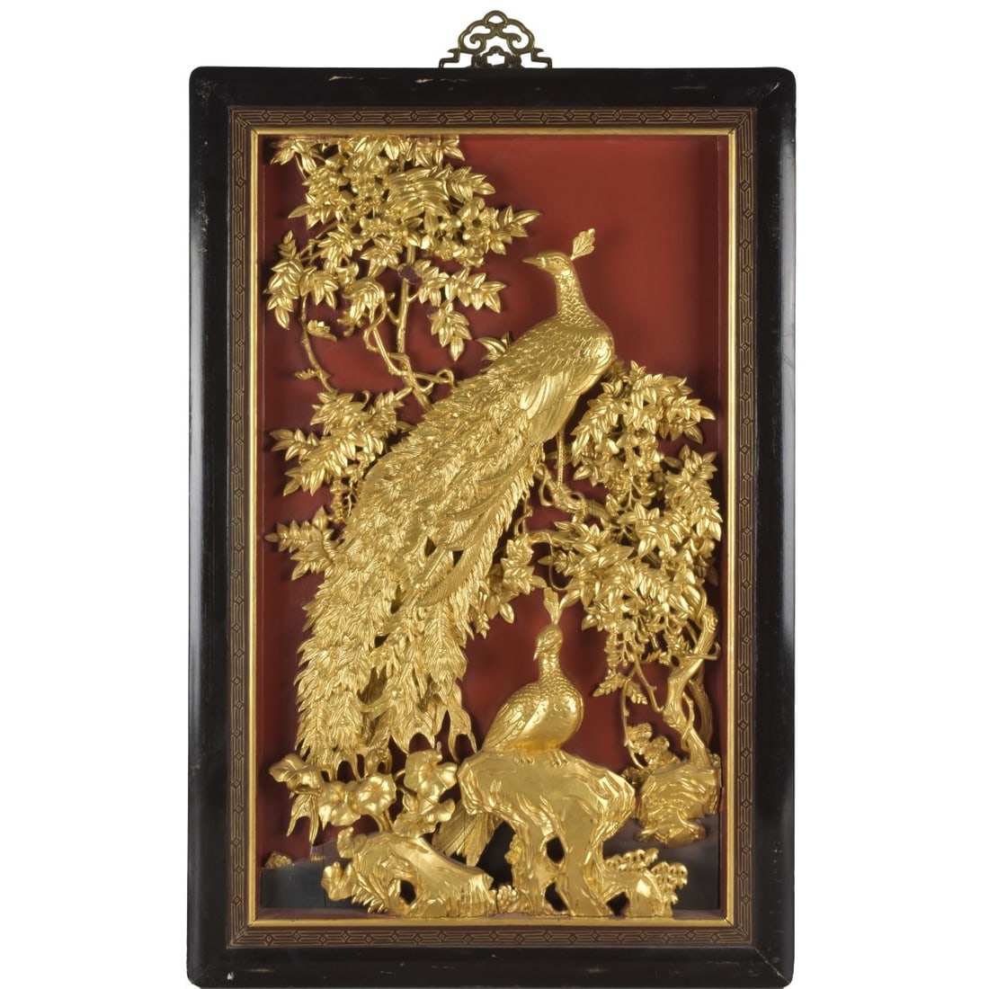Chinese Carved Gilt Wood Panel: Large Chinese Mid 20th Century Red Lacquer and Relief Carved Gilt Wood Panel with Detailed Peony Flower and Phoenix Bird Motifs. Unsigned. Measures 33-1/2" H, 21-3/4" W. Kodner Galleries offers phone