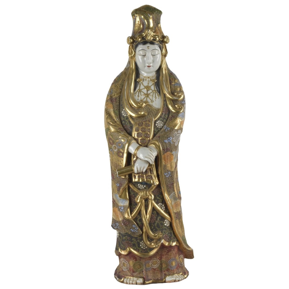 Vintage Japanese Kutani Sculpture: Vintage Japanese Kutani Ware Porcelain Sculpture of Kannon Bosatsu-Godess of Compassion and Mercy Holding a Scroll. Measures: 29" high, 81-2? wide, 6-1/2" deep. Kodner Galleries offers phone and