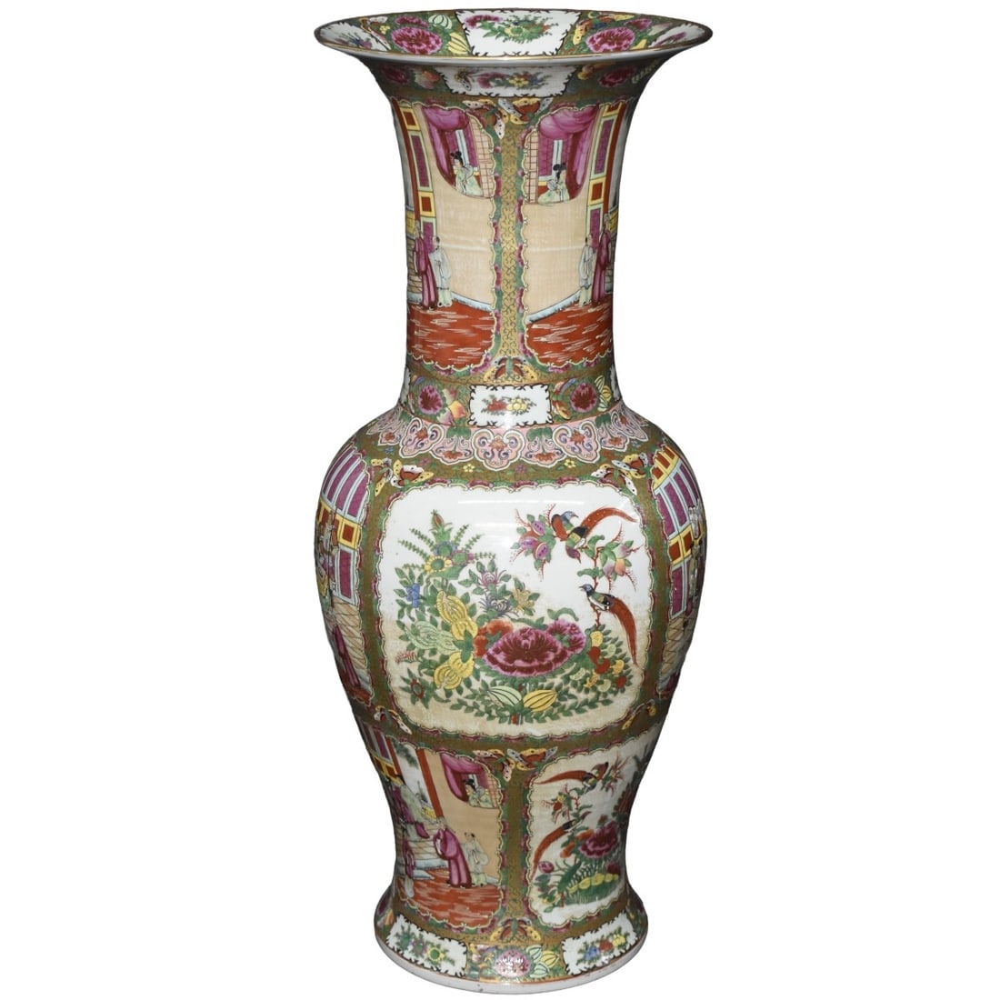 Large Chinese Porcelain Floor Vase: Large Chinese Rose Medallion Porcelain Vase With a Raised Enamel Decoration in the Form of a Curved Classical Vase with a Wide Mouth Opening. Bottom having the red and gold Imperial Qianlong seal.