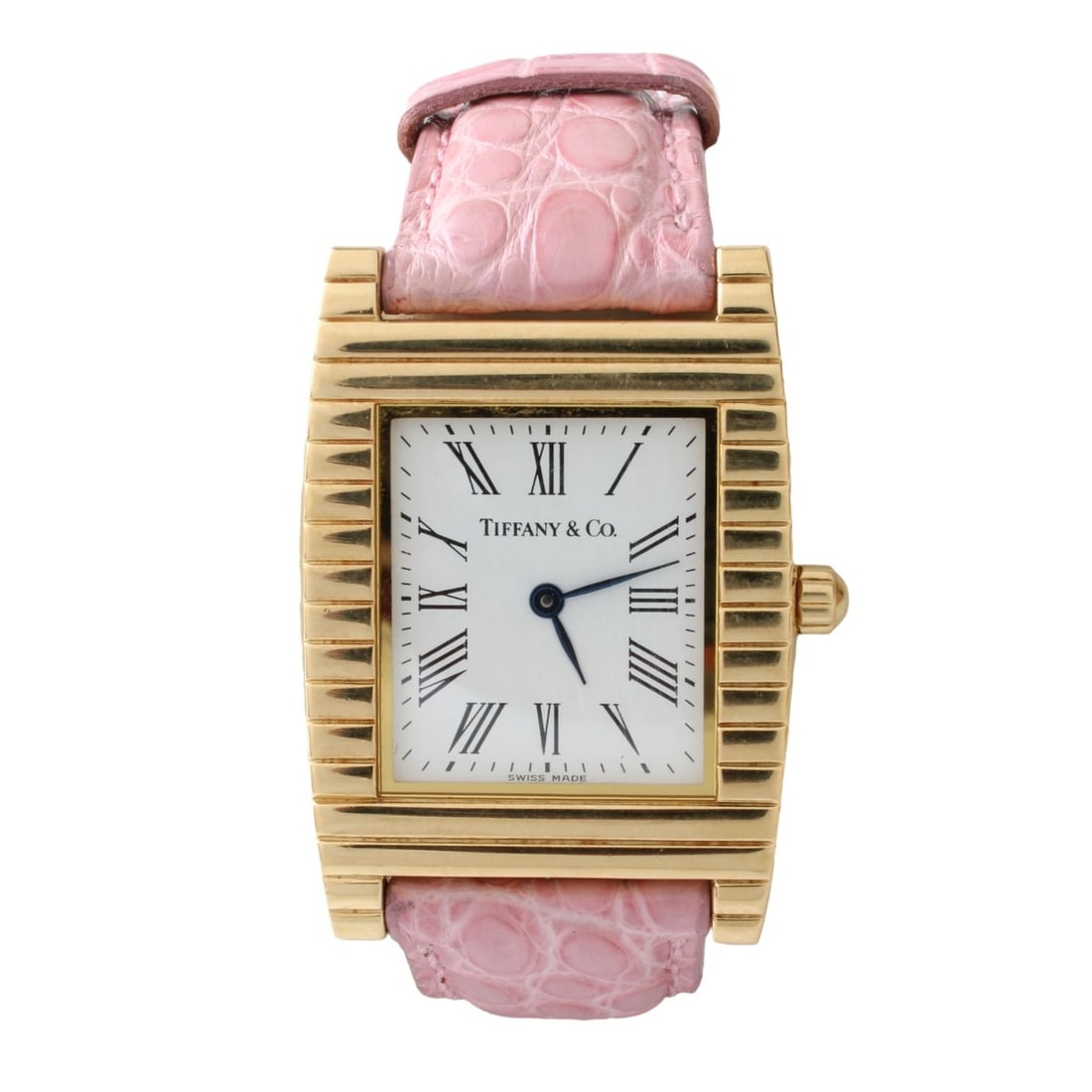 Tiffany & Co 18K Watch: Vintage Tiffany & Co 18 Karat Yellow Gold Tank Watch with Ribbed Case. Quartz movement. Case measures 30 x 27mm. Pink alligator leather strap bracelet with original 18K buckle. Signed stamped 18K. Bra