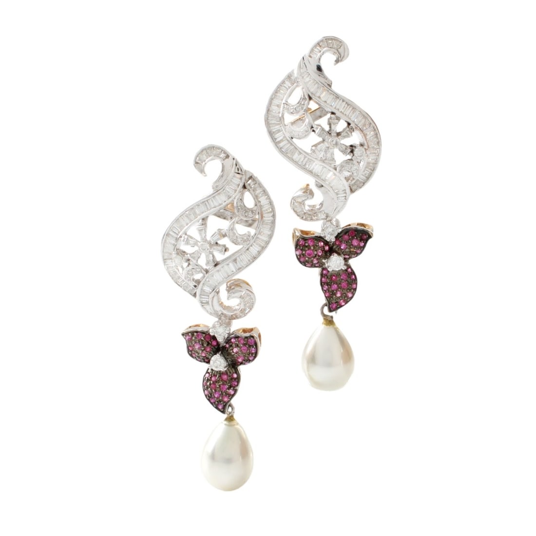 Diamond, Ruby and 14K Earrings: Vintage Approx. 1.30 Carat TW Baguette and Round Brilliant Cut Diamond, Round Cut Ruby and 14 Karat White and Yellow Gold Earrings. Diamonds F-G color, VS-SI clarity. Rubies with vivid color. Pearl