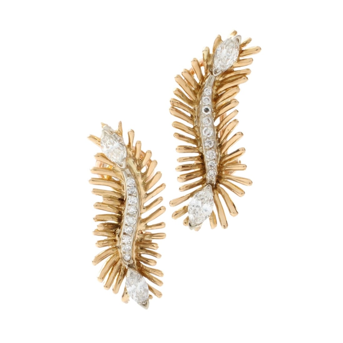 Tiffany & Co Diamond & 18K Earrings: Vintage Italian for Tiffany & Co Approx. 1.10 Carat TW Marquise and Round Brilliant Cut Diamond and 18 Karat Yellow Gold Feather Earrings. Diamonds F-G color, VS1-VS2 clarity, Signed, stamped Italy 18