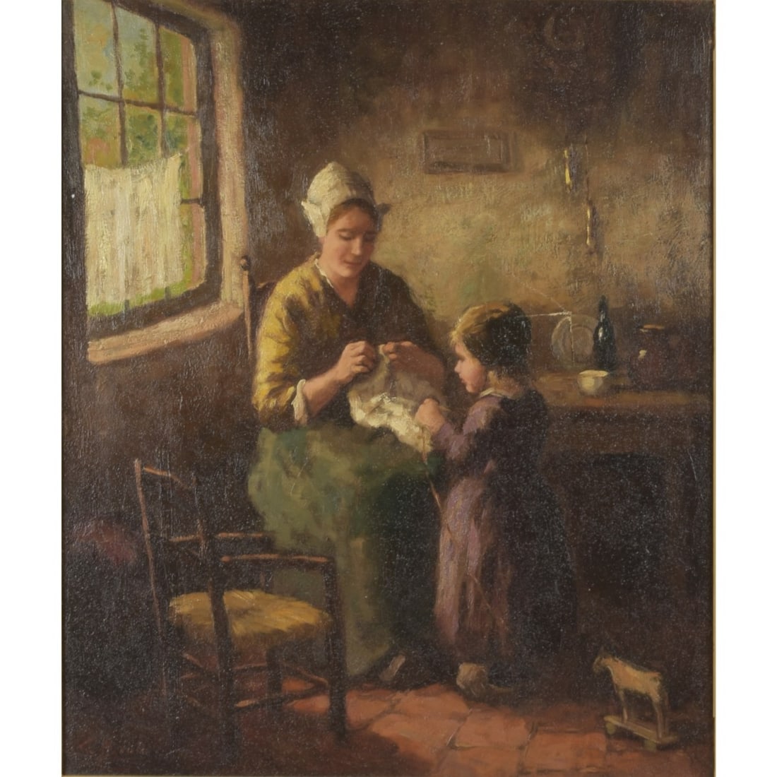 Cornelis Bouter, Dutch (1888–1966): Cornelis Bouter, Dutch (1888–1966), Oil on Canvas, Interior Domestic Scene. Signed lower left. Heavy antique frame. Measures 21-3/4" H, 17-3/4" W; frame measures 30-1/2" H, 27" W. Kodner Galleries