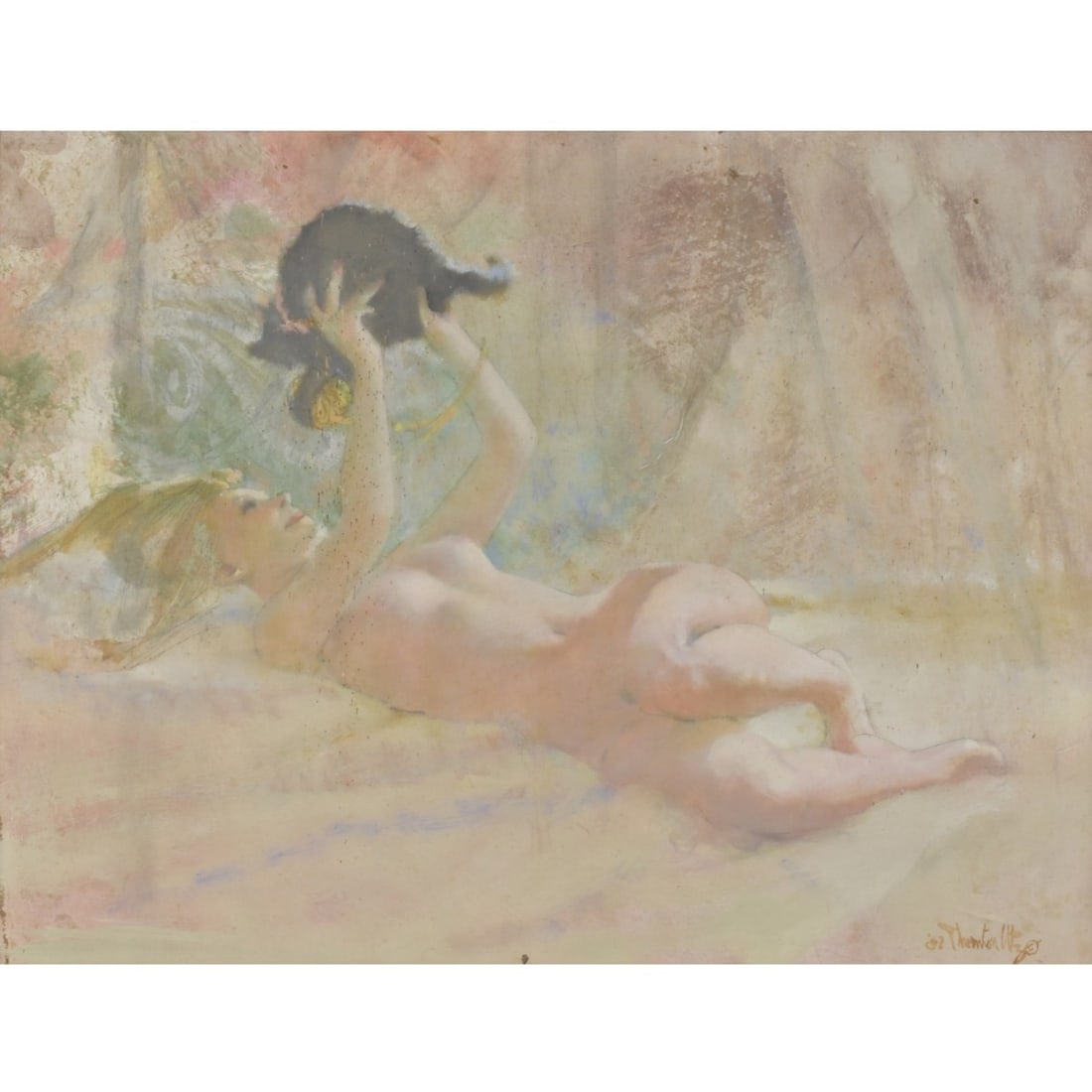Thornton Utz, American (1914–2000): Thornton Utz, American (1914–2000), Oil on Board, Nude with Cat. Signed lower right. Measures 18" H, 23" W; frame measures 23" H, 29" W. Kodner Galleries offers phone and absentee bidding at a low,