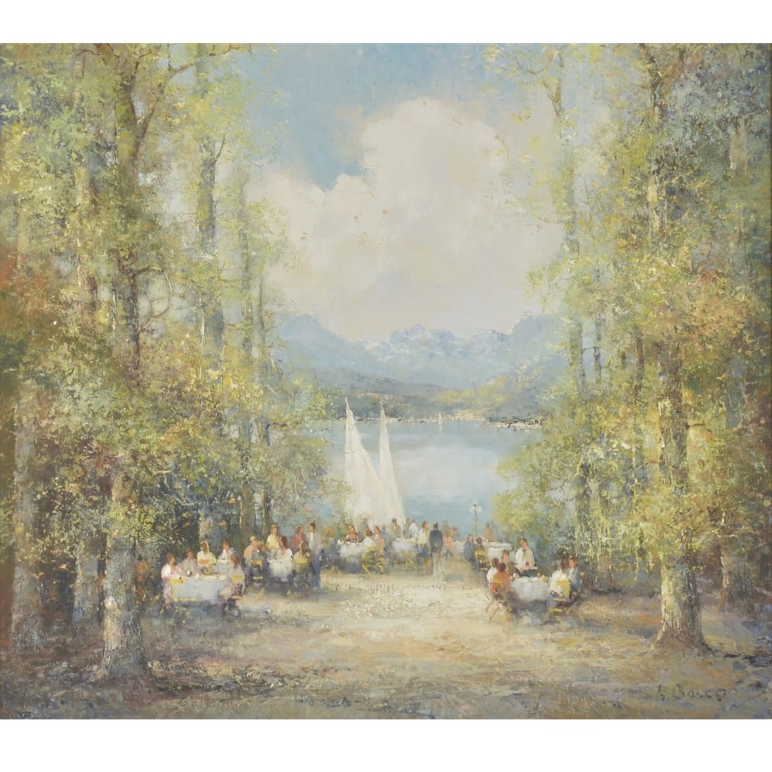 Willi Bauer, German (b.1923): Willi Bauer, German (b.1923), Oil on Canvas, " Garden Party". Measures (sight): 27" H, 31" W; frame measures: 34" H, 38-1/2" W. Provenance: Merritt Chase gallery. Kodner Galleries offers phone and