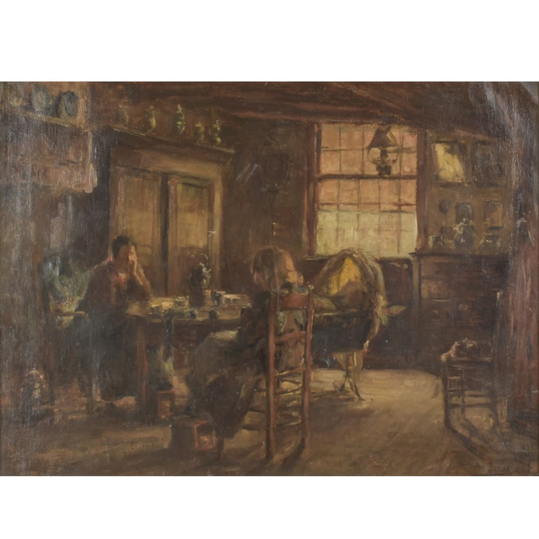 Armand Gustave Jamar, Belgian (1870-1946): Armand Gustave Jamar, Belgian (1870-1946) , Oil on Canvas, Cottage Interior Scene. Signed and dated 1906 lower right. Measures 22" H, 30" W; frame measures 30" H, 38" W. Provenance: Waddingtons