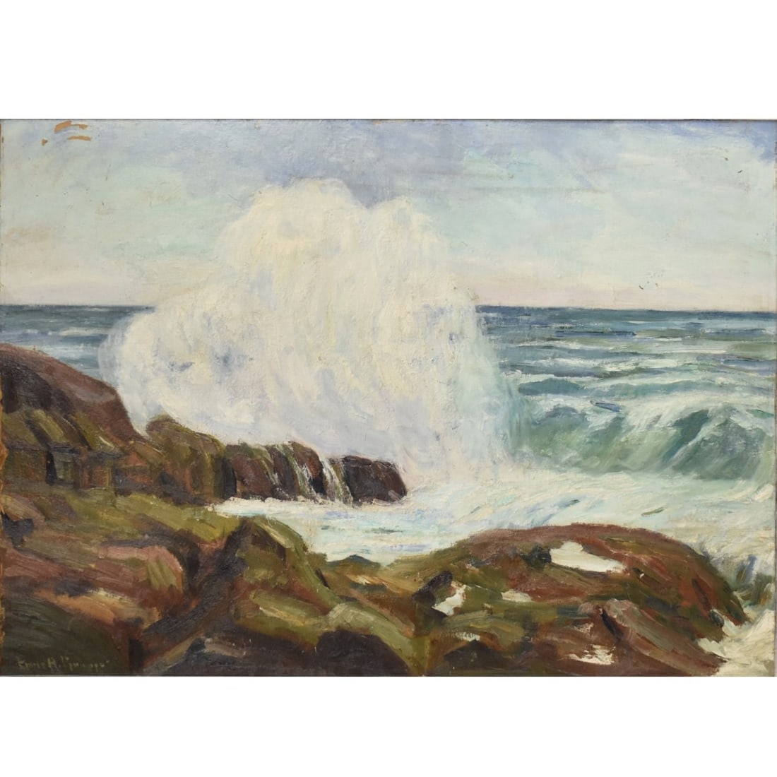 Emile Albert Gruppe, American 1896–1978): Emile Albert Gruppe, American 1896–1978), Oil on Artist's Board, Seascape. Signed lower left. Signed to verso and titled "Surf at Bass Rocks, Gloucester, Mass". Measures 22-7/8" H, 30" W; frame