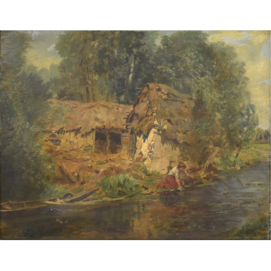 Gabriel Guay, French (1848–1923): Gabriel Guay, French (1848–1923), Oil on Canvas, "Young Farm Girl Gathering Water (at Saint-Omer, Marais)" Signed lower right. Name plate to frame. Measures 22-1/2" H, 27" W; frame measures 28" H,