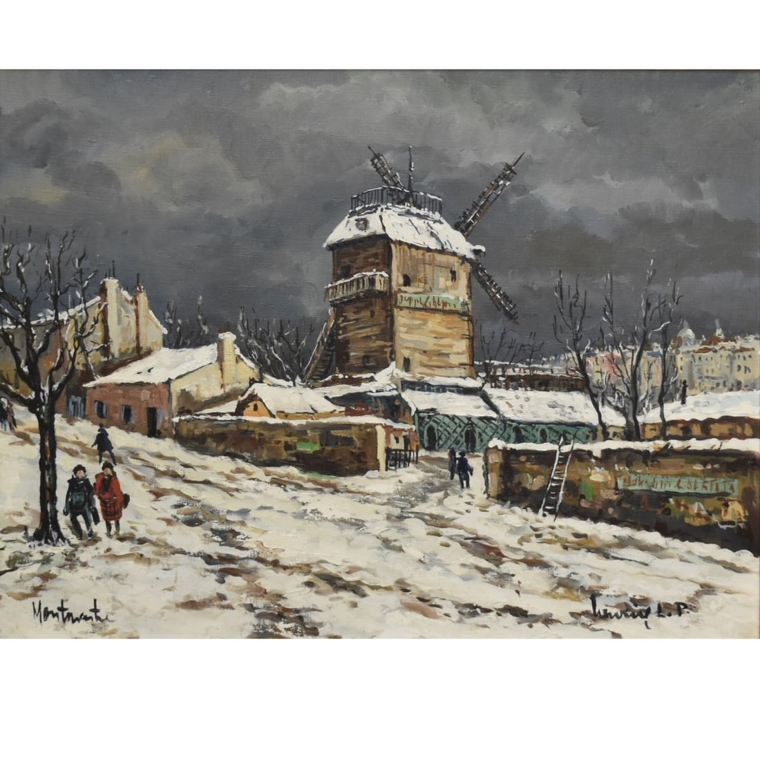 L. P. Robert Lavoine, French (1916–1999): L. P. Robert Lavoine, French (1916–1999), Oil on Canvas, "Montemartre, Moulin de la Galette. Signed lower right, titled lower left. Signed and titled to verso. Measures 20" H, 24" W; frame measures
