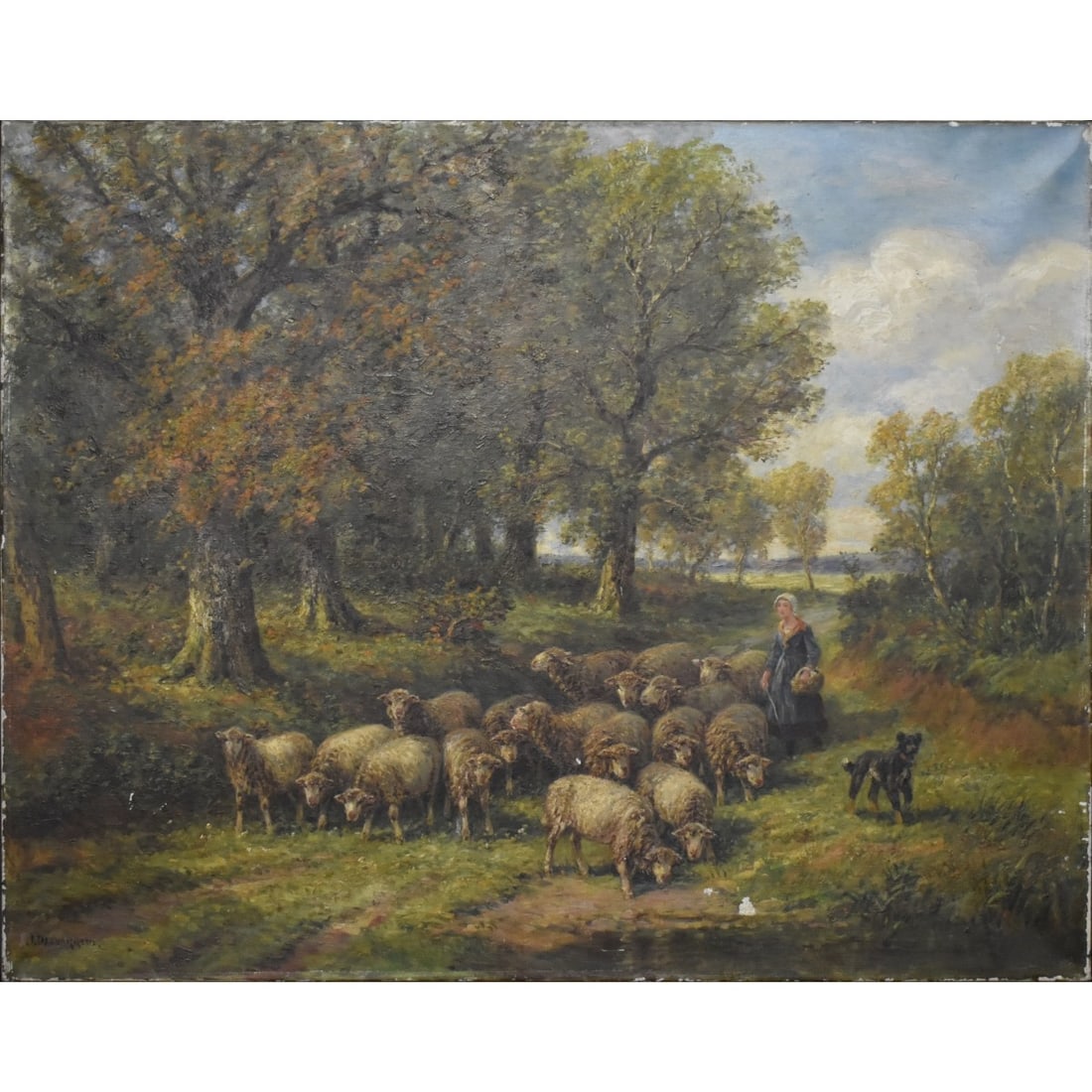 Raymond Desvarreux-Larpenteur, French (1876–1961): Raymond Desvarreux-Larpenteur, French (1876–1961), oil on Canvas, Shepherdess and Her Flock. Signed lower left. Measures 25-5/8" H, 31-3/4" W. Kodner Galleries offers phone and absentee bidding at
