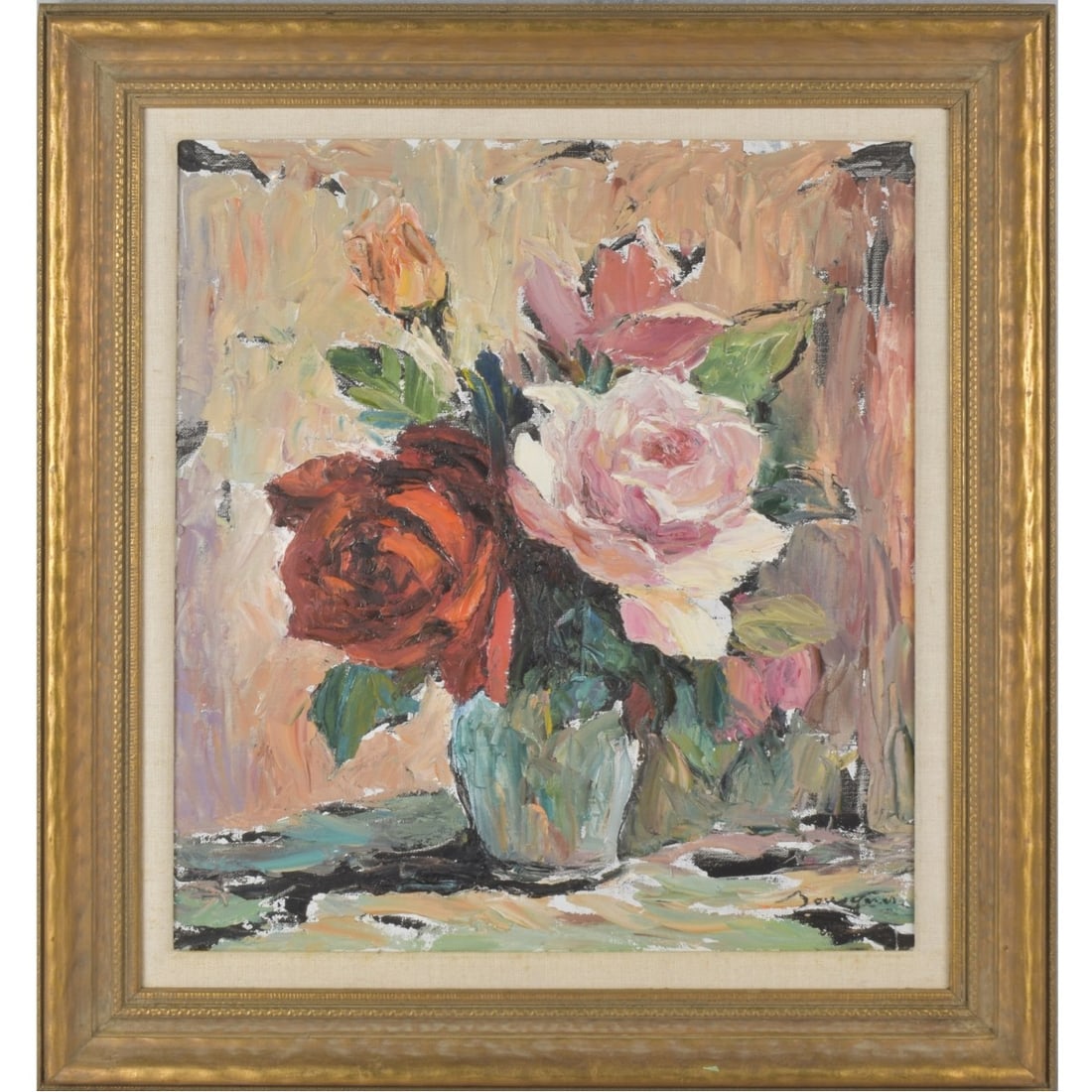 Georges Bousquet, French (1904–1976): Georges Bousquet, French (1904–1976), Oil on Canvas, "Les Roses", Signed lower right. Measures 20 H, 18" W; frame measures 26-1/2" H, 24-1/4" W. Kodner Galleries offers phone and absentee bidding
