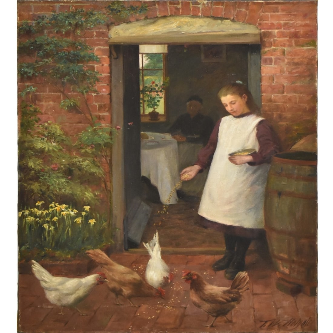 Thomas W. Holgate, British (19th C): Thomas W. Holgate, British (19th C), Oil on Canvas, Feeding the Chickens. Signed lower right. Measures 40" H, 30" W. Kodner Galleries offers phone and absentee bidding at a low, flat 21% buyer’s
