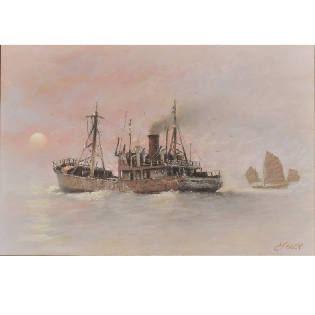John Kelly, Scottish/Canadian (20th C): John Kelly, Scottish/Canadian (20th C), Pastel on Paper, 'Freighter with Junk". Signed lower right. Measures 17" H, 25: W; frame measures 29" H, 37-1/4" W. Accompanied by letter of appraisal and COA