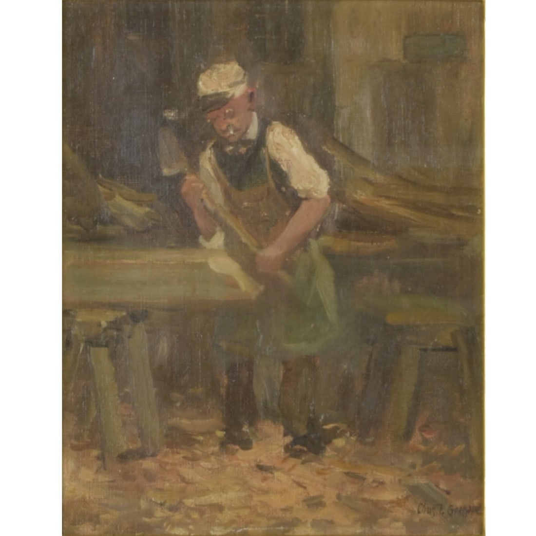 Charles Paul Gruppé, Canadian (1860–1940): Charles Paul Gruppé, Canadian (1860–1940), Oil on Canvas Board, "Making the Keel". Signed lower right. Measures 10" L, 8" W; frame measures 17-7/8" H, 15-7/8" W. Provenance: James D Julia auction.