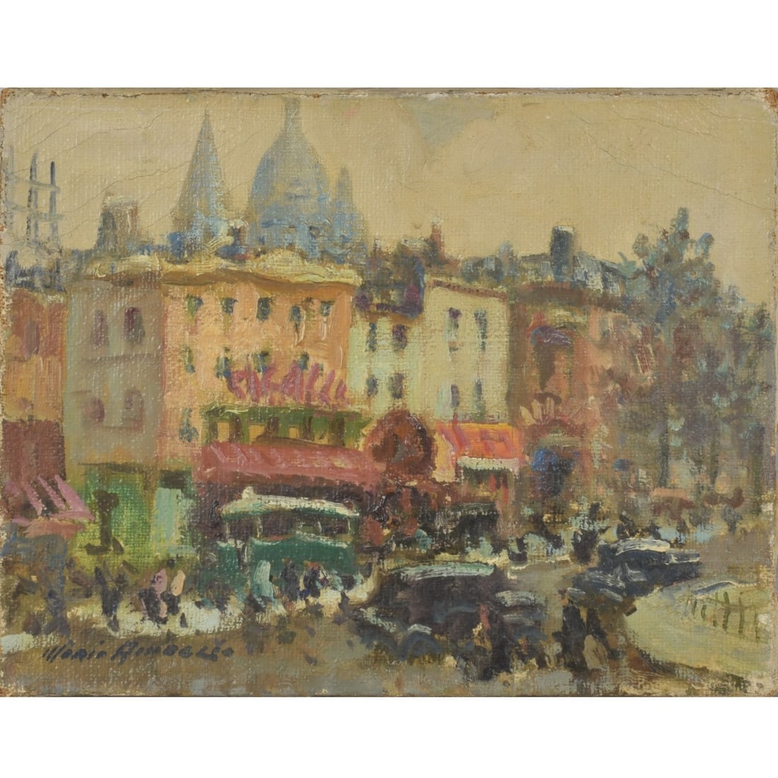 Merio Ameglio, Italian (1897–1970): Merio Ameglio, Italian (1897–1970), Oil on Canvas, "Place Pigalle" Paris. Signed lower left. Signed, titled and dated (illegible) to verso. Measures 8-5/8" H, 10-5/8" W. Kodner Galleries offers