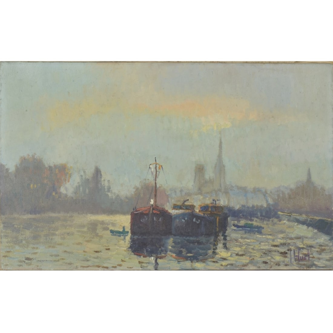 Jacques Huet, French (b.1937): Jacques Huet, French (b.1937), Oil on Canvas, Barges on the Water. 15" H, 24" W. Kodner Galleries offers phone and absentee bidding at a low, flat 21% buyer’s premium without surcharge or hidden