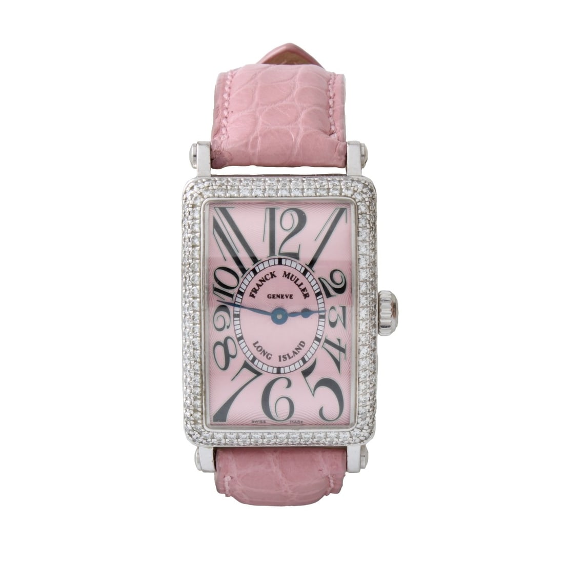 Franck Mueller Long Island Watch: Lady's Vintage Franck Muller Factory Diamond and 18 Karat White Gold Long Island Watch. Pink Guilloche Enamel Dial and Pink Alligator Strap Bracelet / Strap with 18K Buckle. Ref. 900 QZ D. Automatic