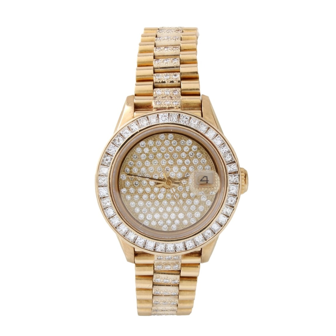 Lady's Rolex 18K Watch: Lady's Vintage Diamond and 18 Karat Yellow Gold Datejust Presidential Bracelet Watch. Quartz movement. Case measures 27.5mm. Approx. 4.25 carat TW after market pave diamond dial and bracelet,