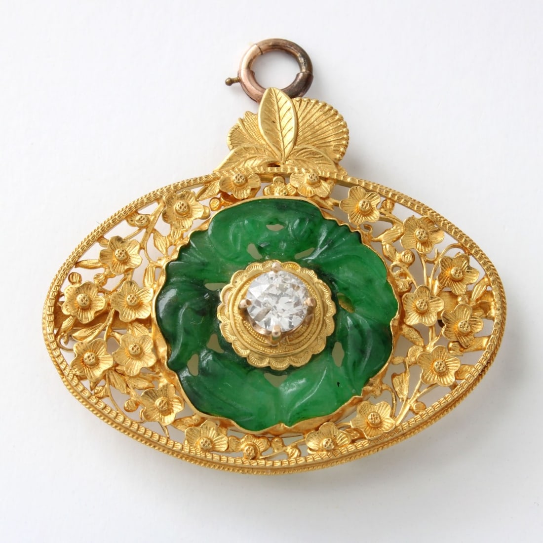 Jade and 22K Pendant / Brooch: Vintage Chinese Carved Jade, Approx. .60 Carat Old European Cut Diamond and 22 Karat Yellow Gold Pendant / Brooch. Signed with Chinese character and stamped 22K. Measures 1-1/2" H, 1-5/8" W. Approx.