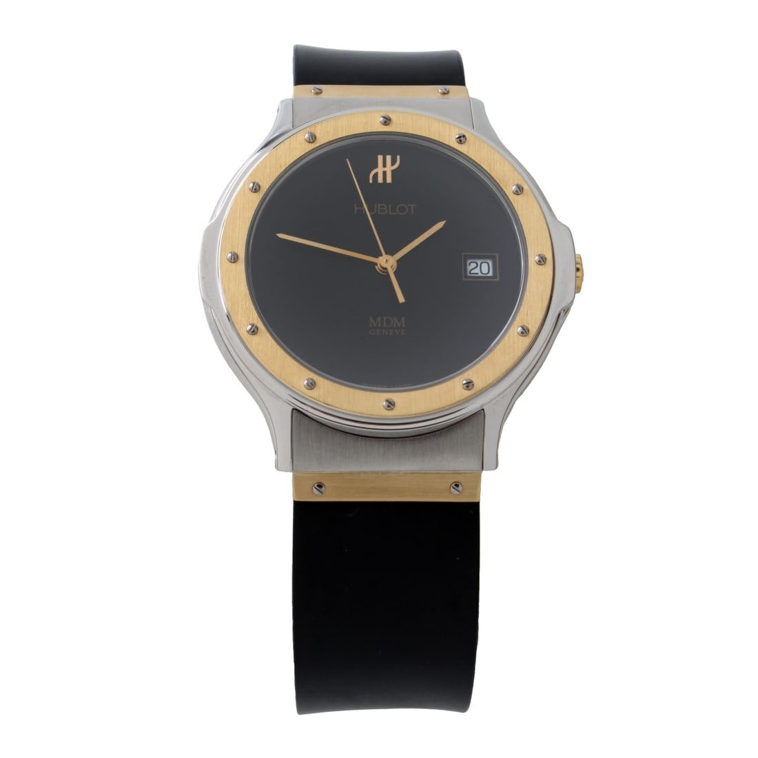 Hublot Watch: Man's Vintage Hublot 14 Karat Yellow Gold and Stainless Steel Bracelet Watch. Black dial and black rubber bracelet with folding clasp. Quartz movement. Case measures 35.5mm. Bracelet measures 7"