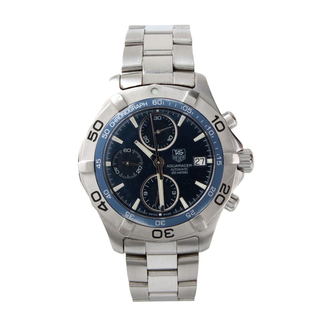 Tag Heuer Aquaracere Watch: Man's Vintage Tag Heuer Aquaracere Chronograph Bracelet Watch Model CAF2112.BA0809, Blue Dial. Automatic self-winding Swiss movement. Case measures 43mm, bracelet measures 7-1/2" interior circumferenc