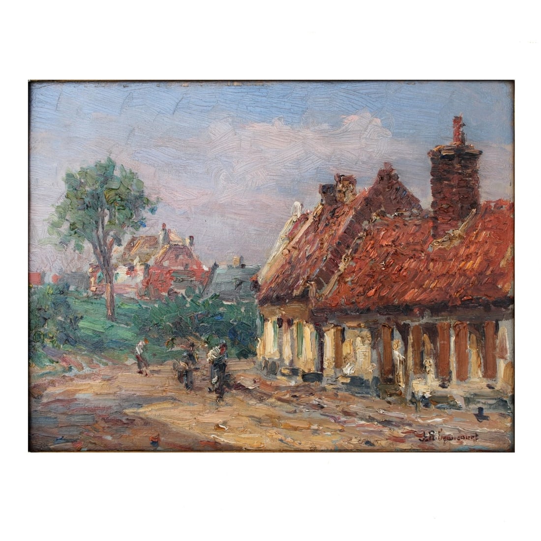 Jules Ribeaucourt, French (1866–1932): Jules Ribeaucourt, French (1866–1932), Oil on Panel, Country Village Landscape. Signed lower right, brass name plate to frame. Measures 10-1/2" H, 13-3/4" W; frame measures 13-1/2" H, 17" W. Kodner