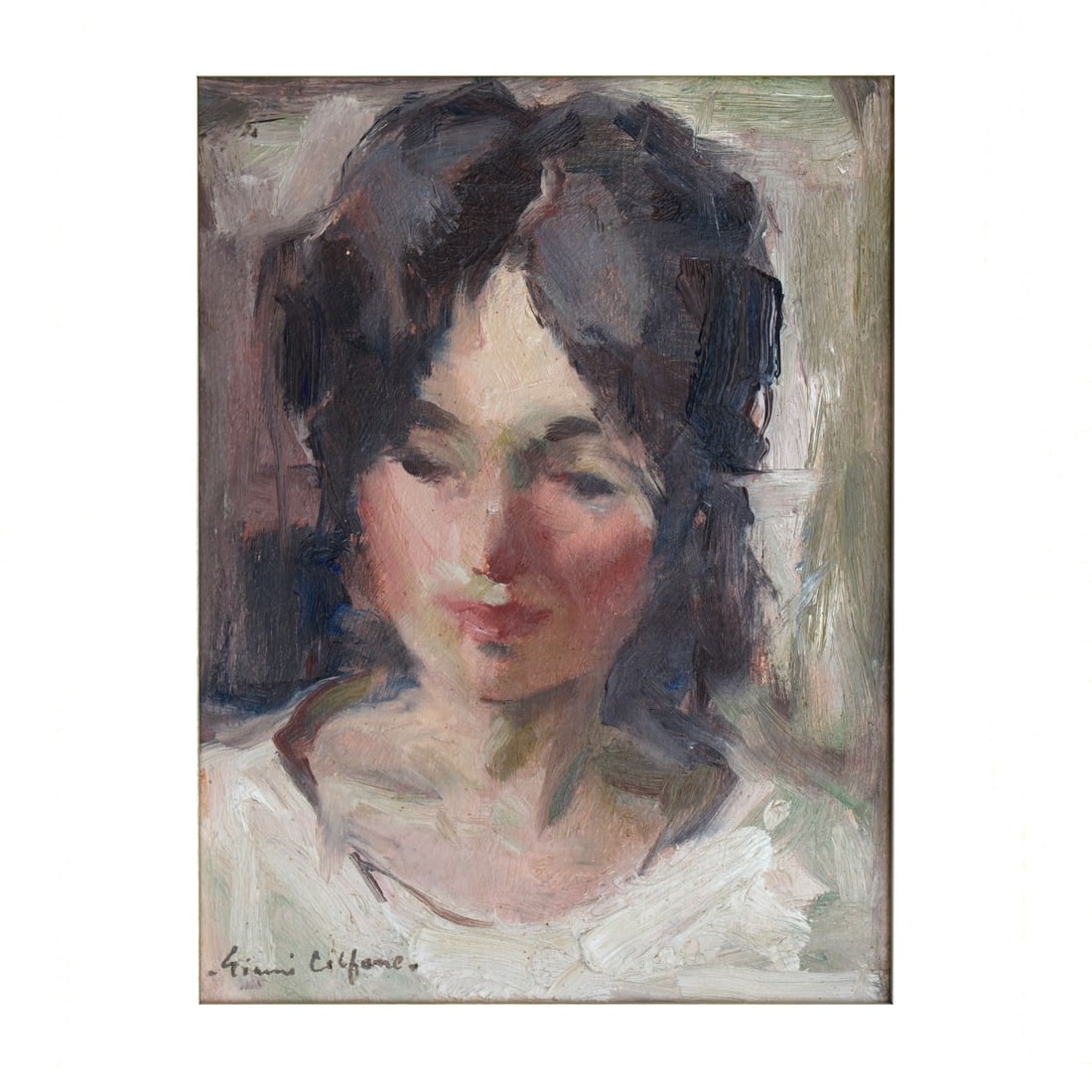 Gianni Cilfone, American (1908–1990): Gianni Cilfone, American (1908–1990), Oil on Canvas, Portrait of a Woman. Signed lower left. Measures (sight) 11-1/2" H, 8-1/2" W; frame measures 19-1/4" H, 16-1/4" W. Kodner Galleries offers phone