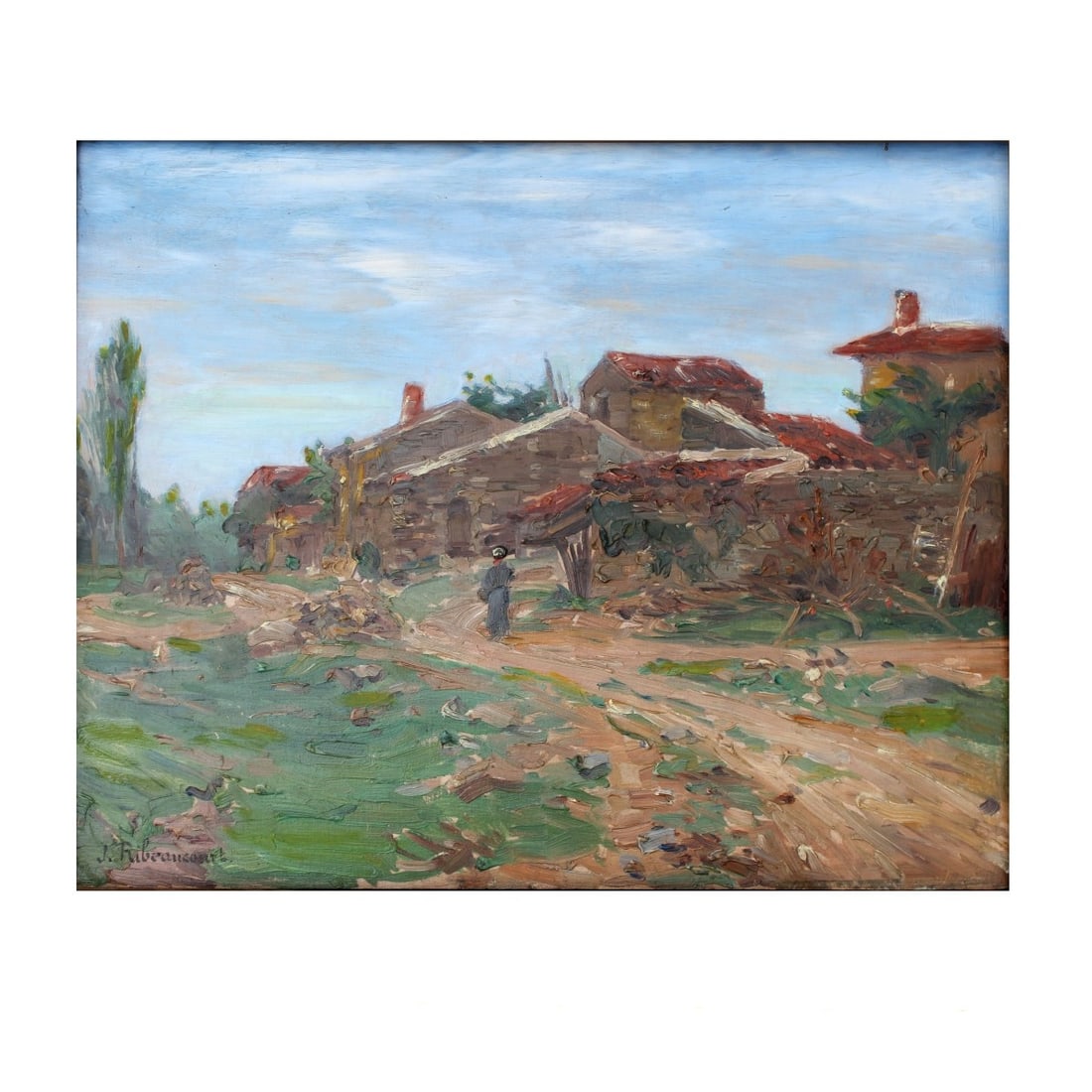 Jules Ribeaucourt, French (1866–1932): Jules Ribeaucourt, French (1866–1932), Oil on Panel, Country Landscape. Signed lower left. Measures 12-5/8" H, 13-3/4" W: frame measures 18-1/4" H, 21-1/2" W. Kodner Galleries offers phone and absen