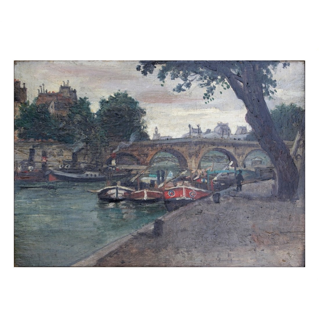 Gustave Madelain, French (1867–1944): Gustave Madelain, French (1867–1944), Oil on Panel, Barges on the Seine. Signed "G M" lower right. Measures 9-12" H, 13" W; frame measures 15-1/2" H, 19" W. Provenance: Dobiaschofsky Auction, Bern