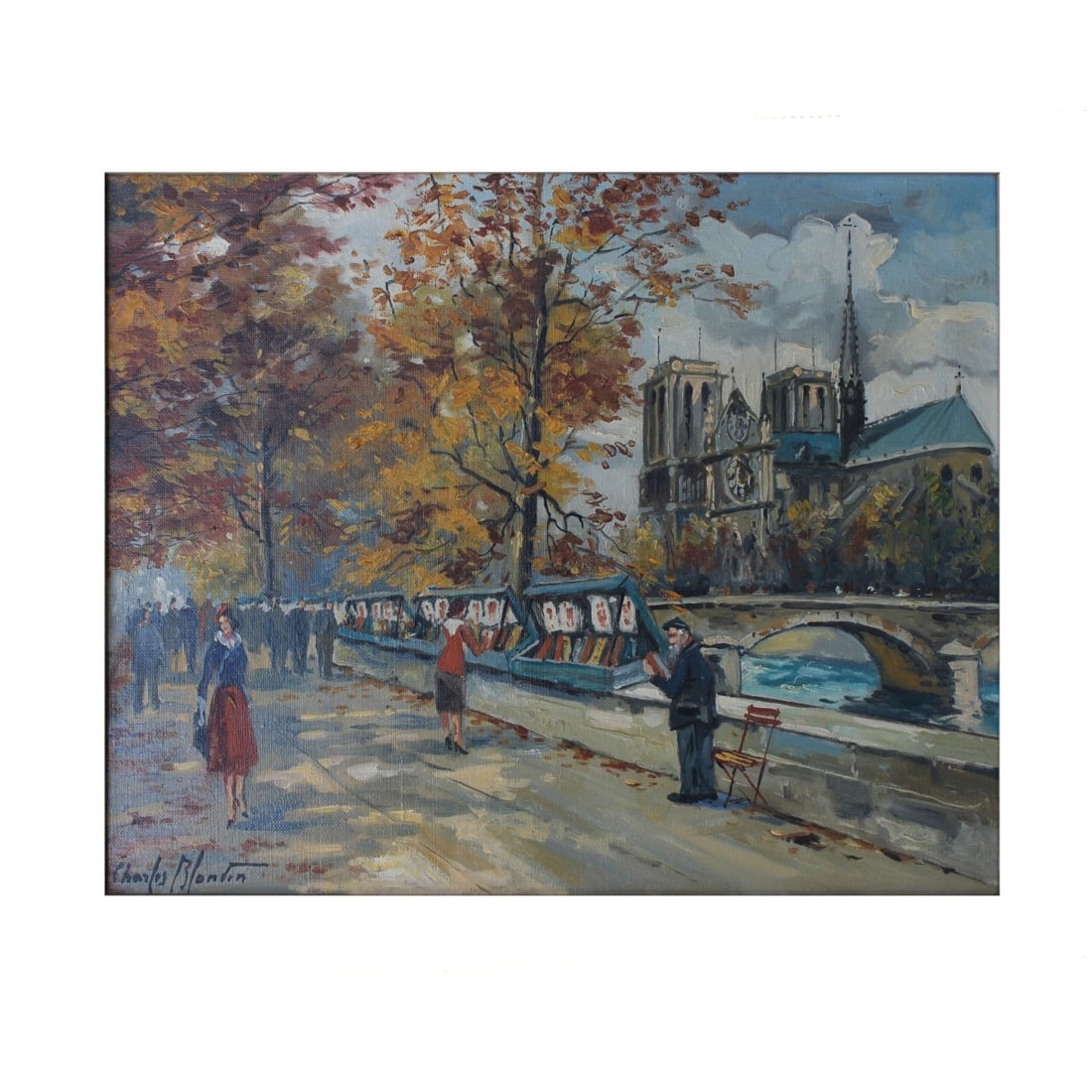 Charles Blondin, French (1913–1991): Charles Blondin, French (1913–1991), Oil on Canvas, The Book Sellers. Signed lower left. Measures 14" H, 14-1/4" W; frame measures 17-1/2" H, 20-1/2" W. Kodner Galleries offers phone and absentee
