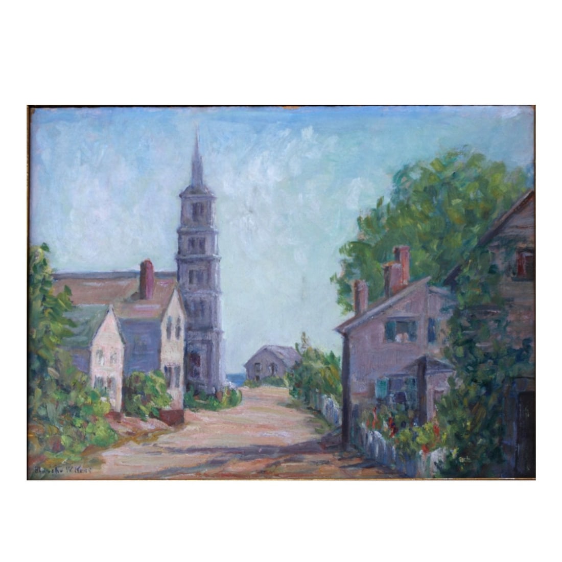 Blanche Weyburn Kerr, American (1872–1955): Blanche Weyburn Kerr, American (1872–1955), Oil on Canvas Board, Village Scene with Bell Tower. Signed lower left. Measures 11-3/4" H, 16" W; frame measures 15-3/4", 19-3/4" W. Kodner Galleries